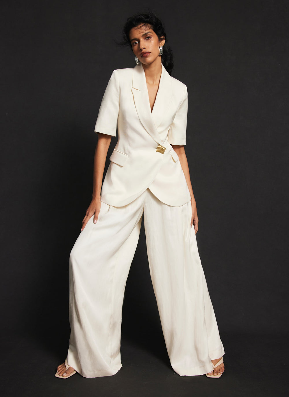 Cream Pleated Wide Trousers