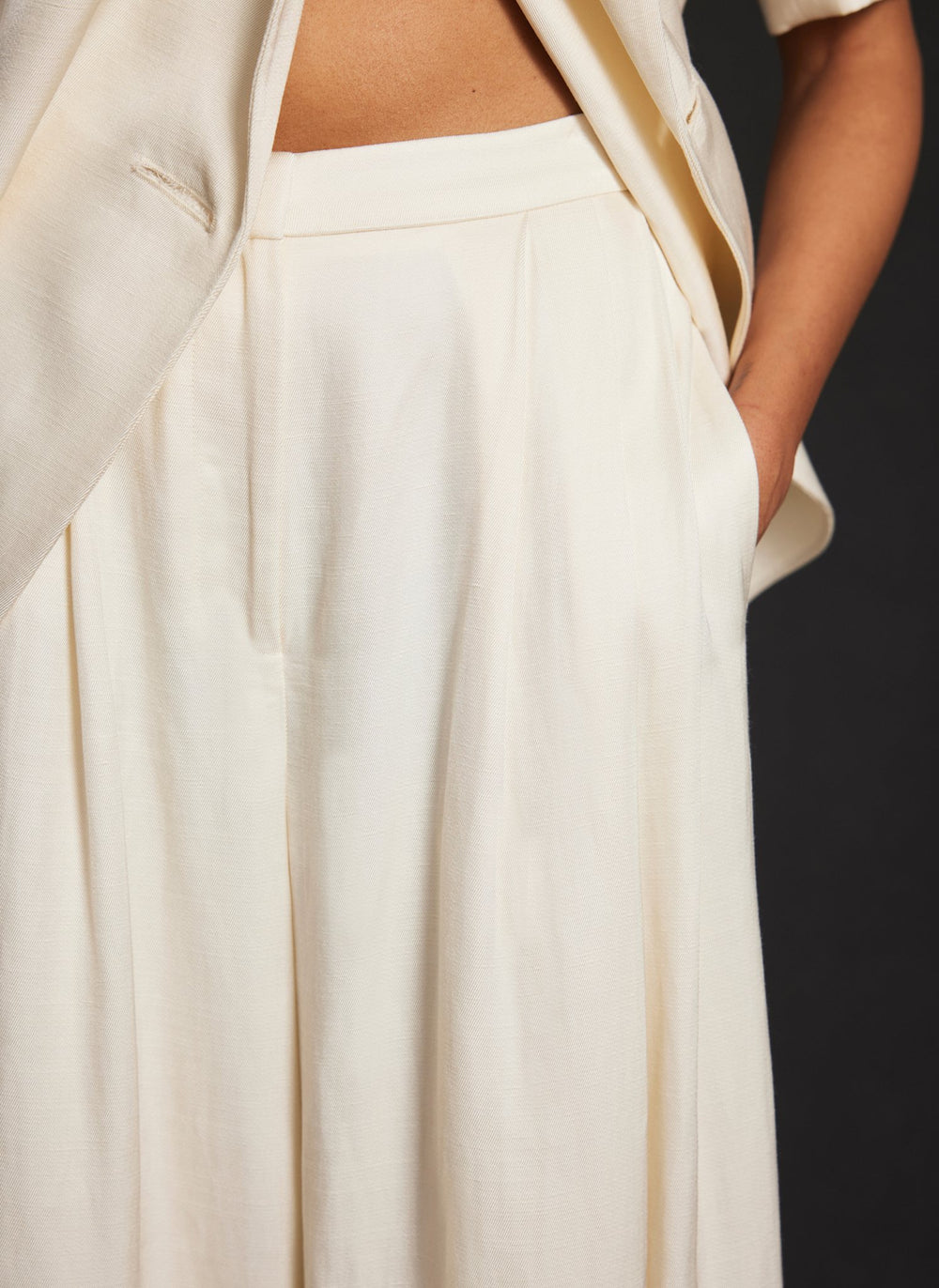 Cream Pleated Wide Trousers