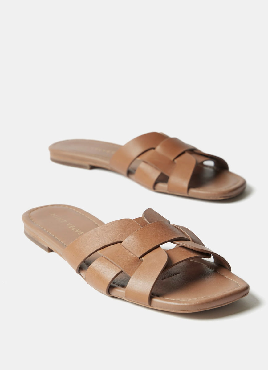 Tan Leather Woven Flat Sandals
