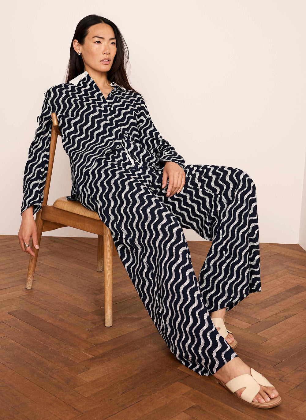Navy Abstract Print Wide Trousers