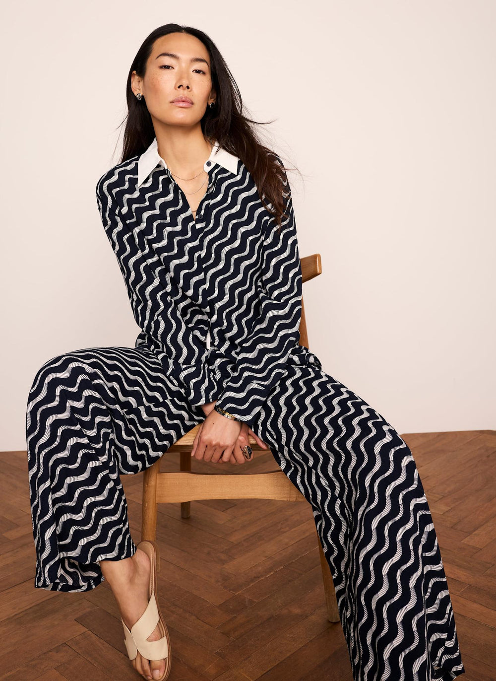 Navy Abstract Print Wide Trousers