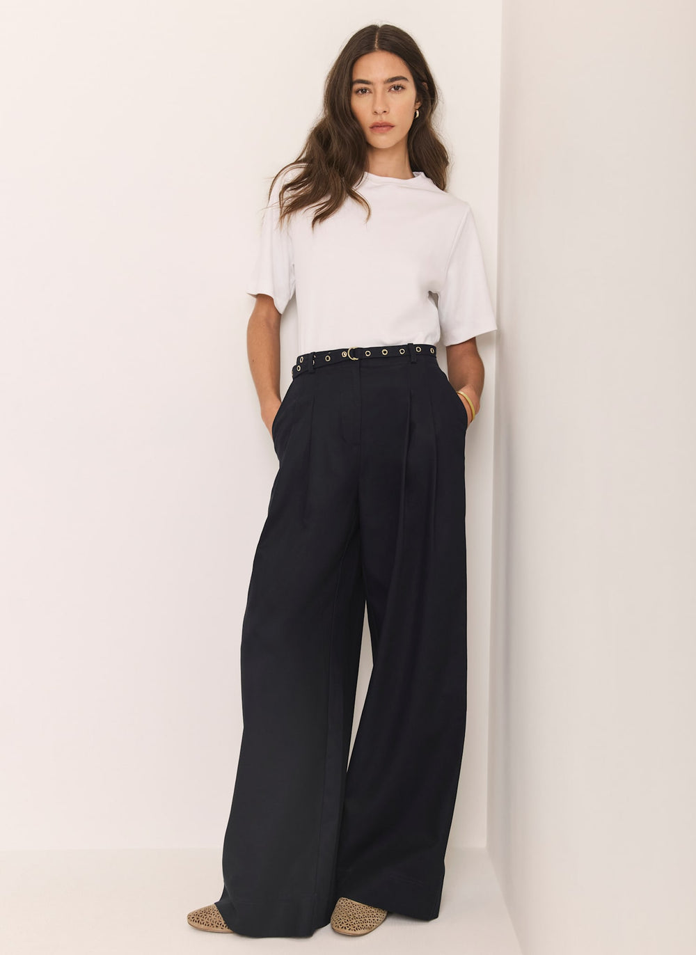 Navy Belt Wide Leg Trouser