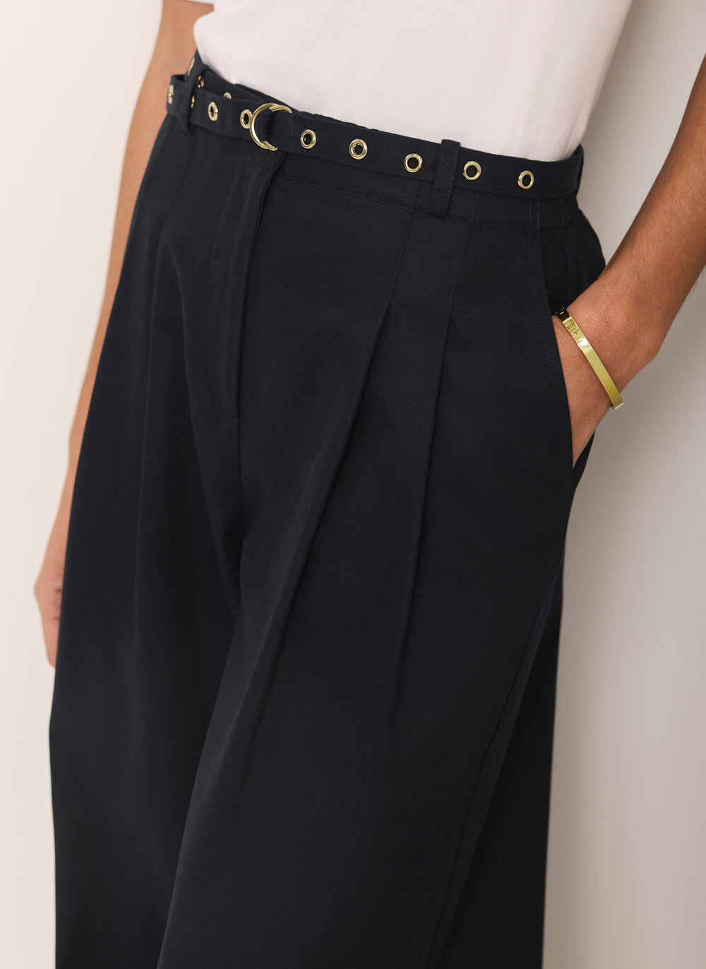 Navy Belt Wide Leg Trouser