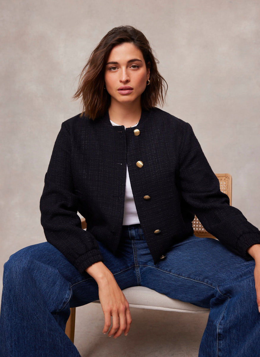 Navy Boucle Bomber Jacket Mint Velvet