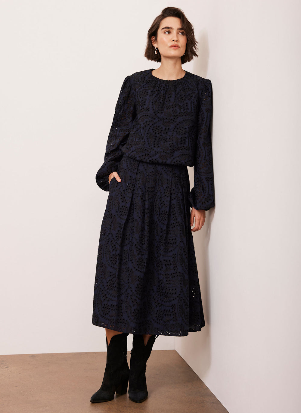 Navy Broderie Midi Skirt