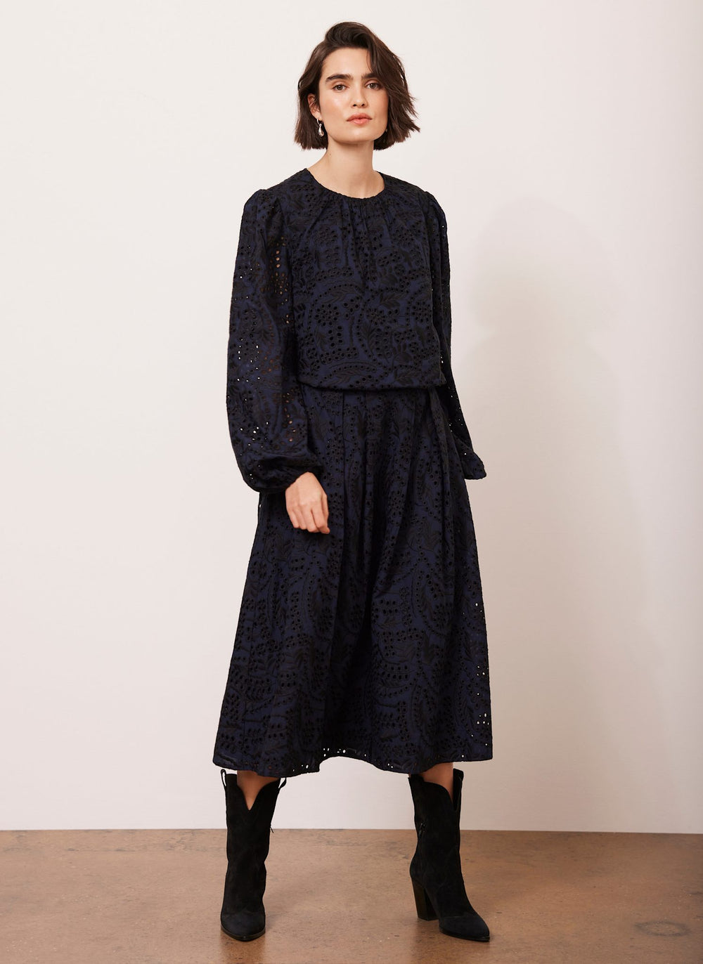 Navy Broderie Midi Skirt