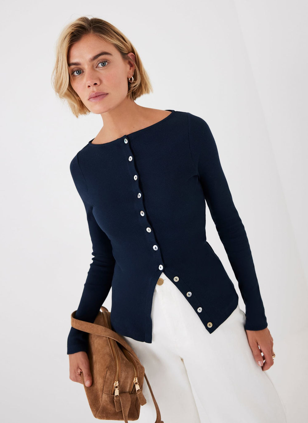 Navy Cotton Blend Button Detail Top