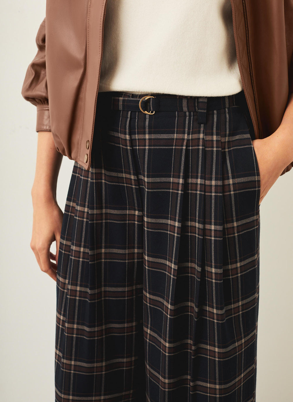 Navy Checked Wide Leg Trousers