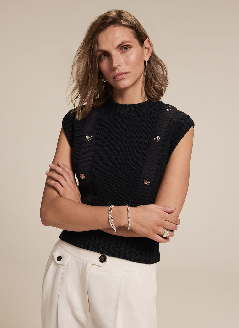 Navy Sleeveless Cotton Knit Top