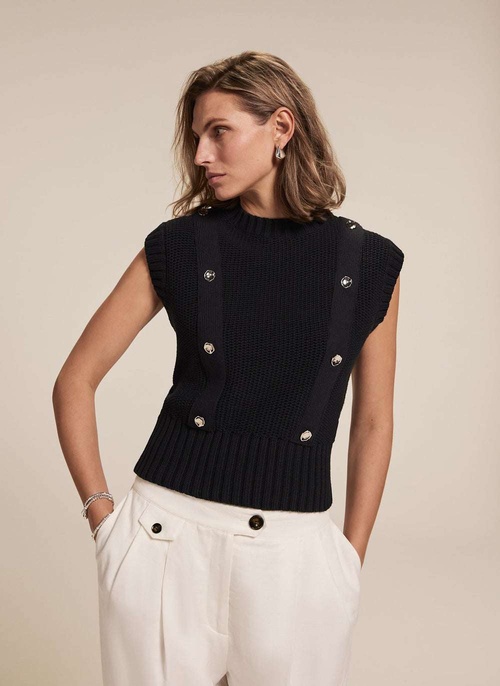 Navy Sleeveless Cotton Knit Top
