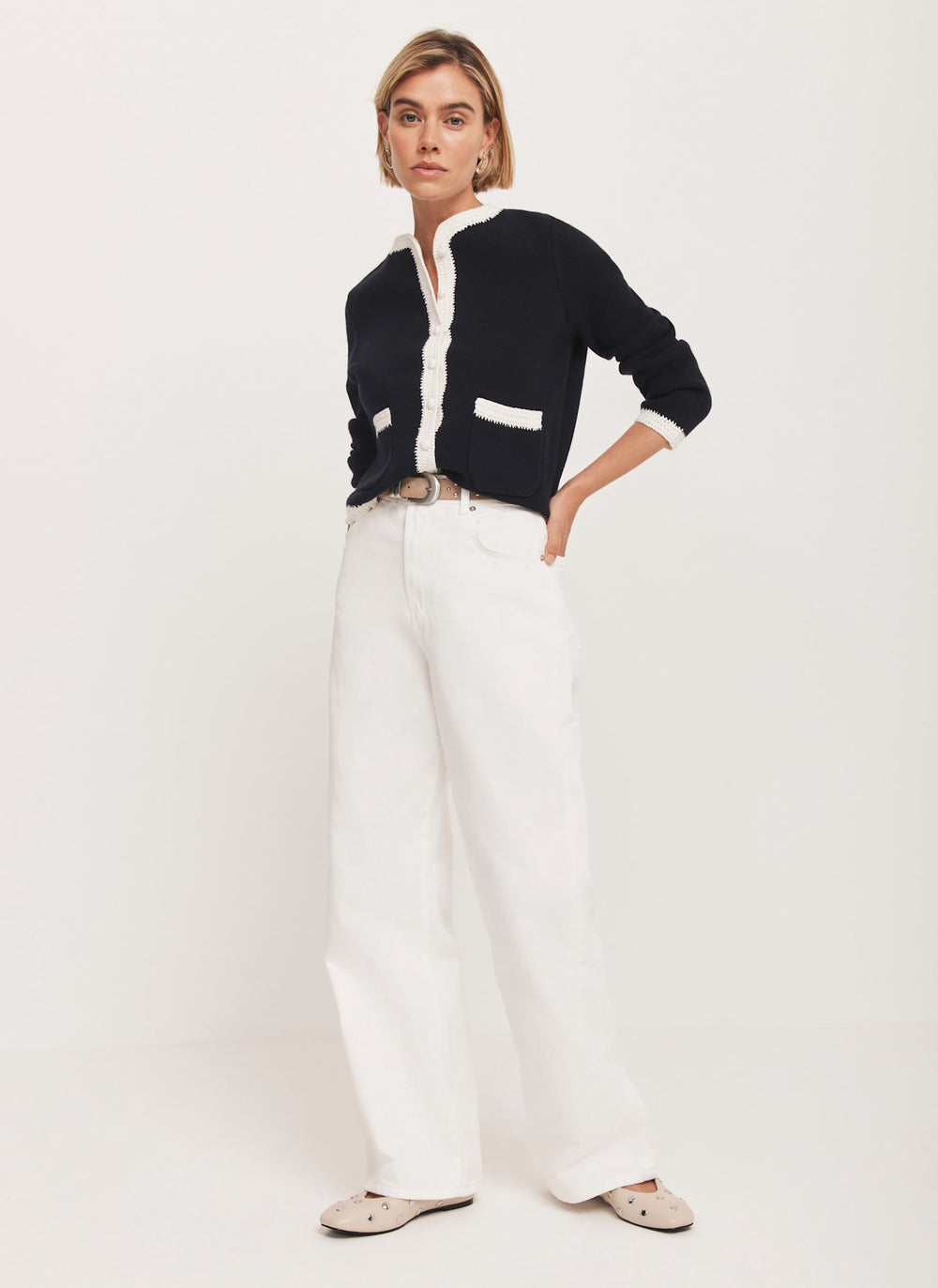 Navy Crochet Cotton Blend Jacket