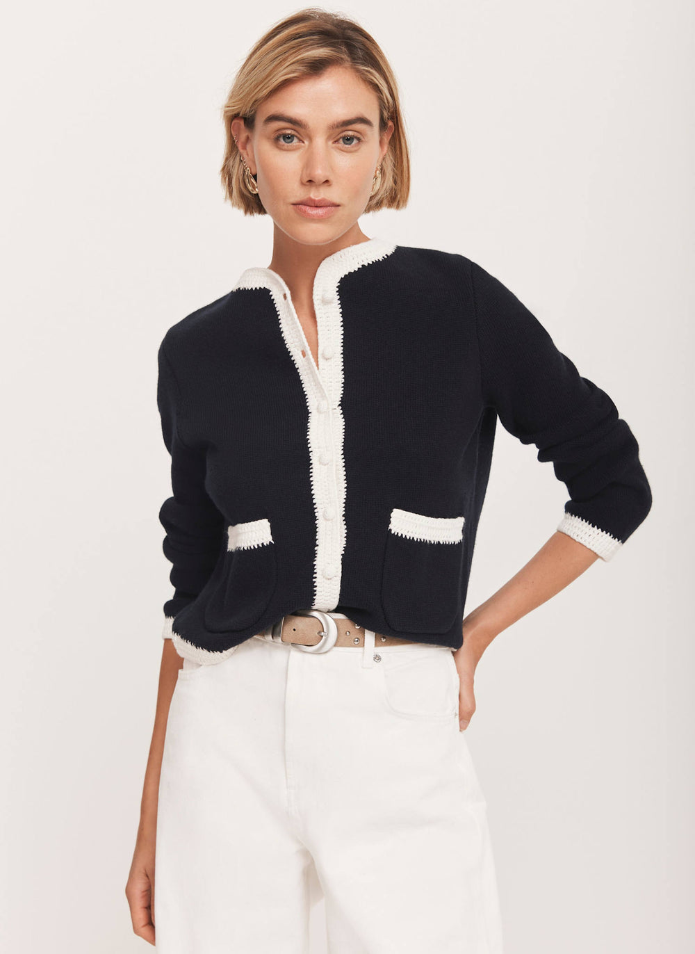 Navy Crochet Cotton Blend Jacket