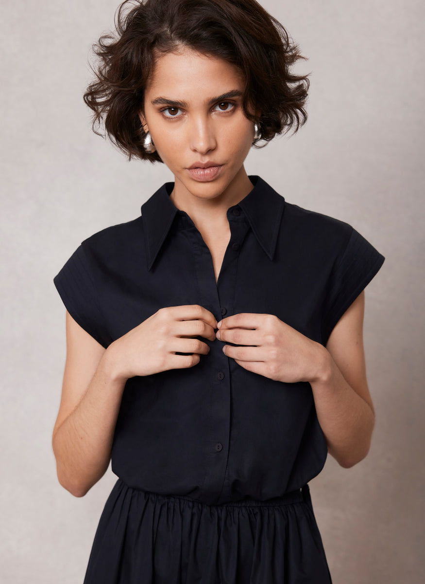 Navy Cotton Cropped Shirt