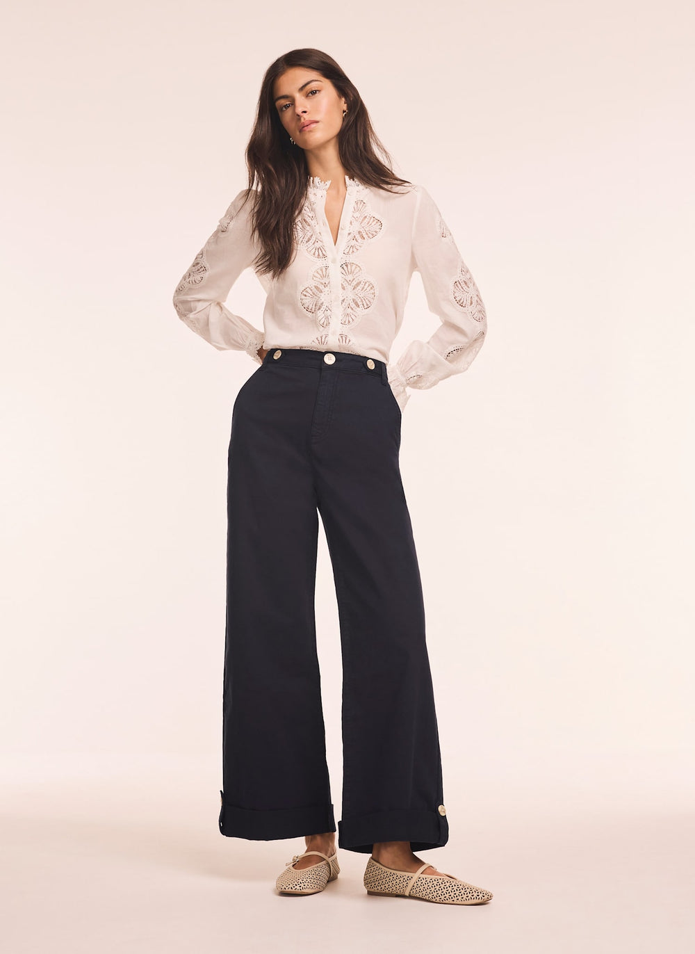 Navy Cropped Wide Chino Trousers