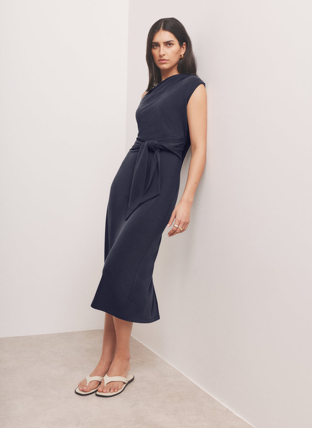 Navy Tie Detail Midi Dress