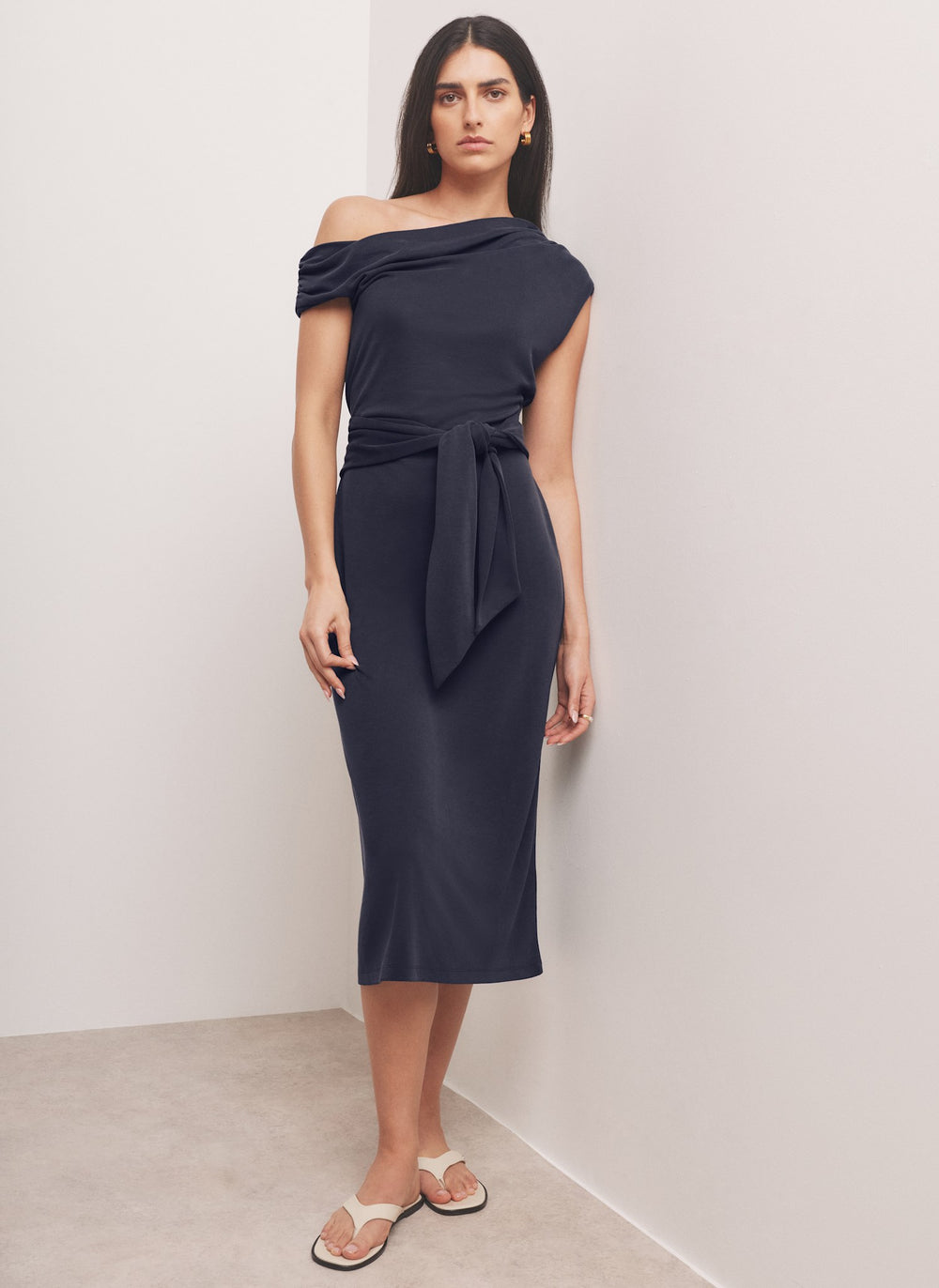 Navy Tie Detail Midi Dress