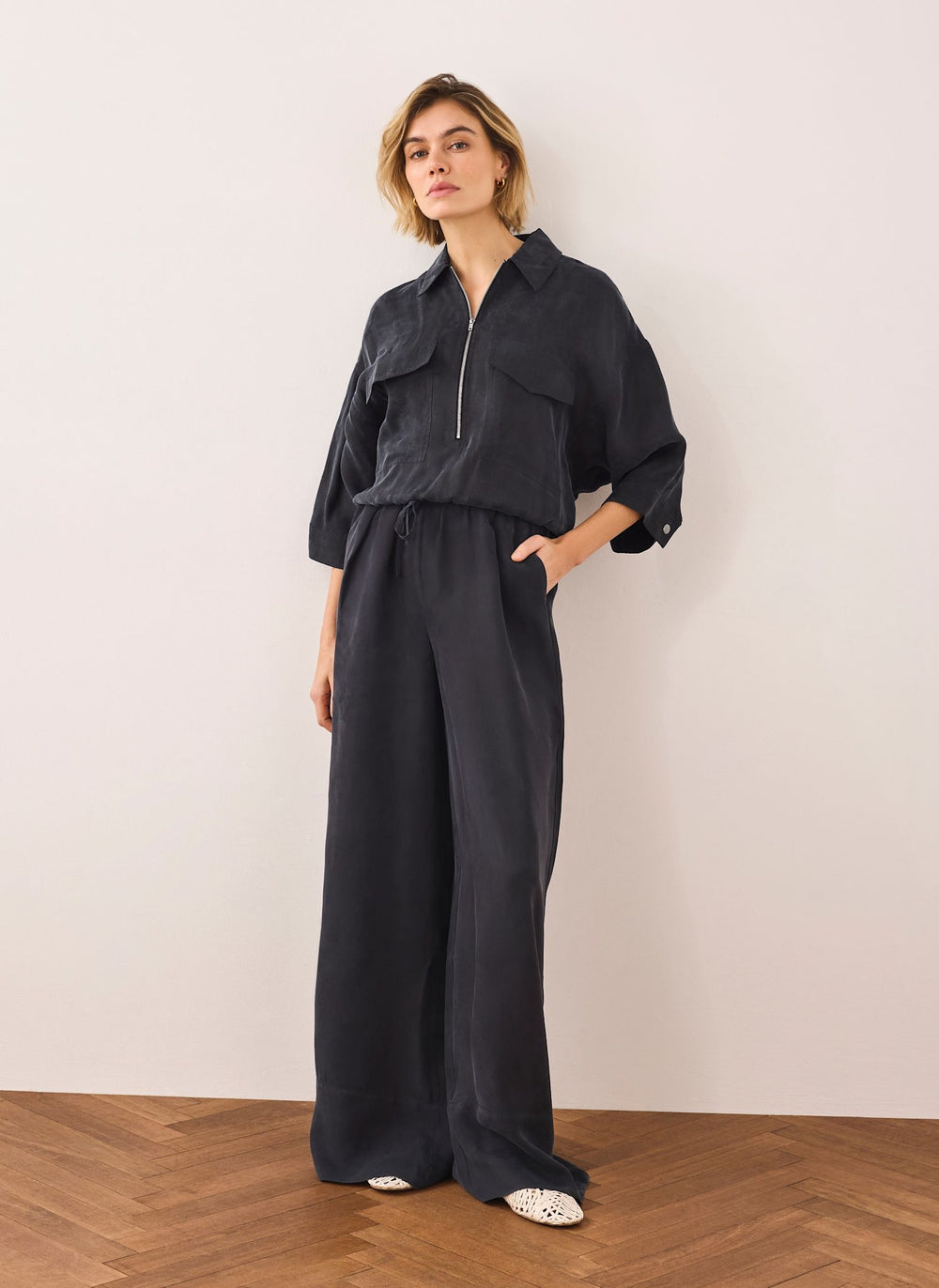 Navy Drawstring Wide Leg Trousers