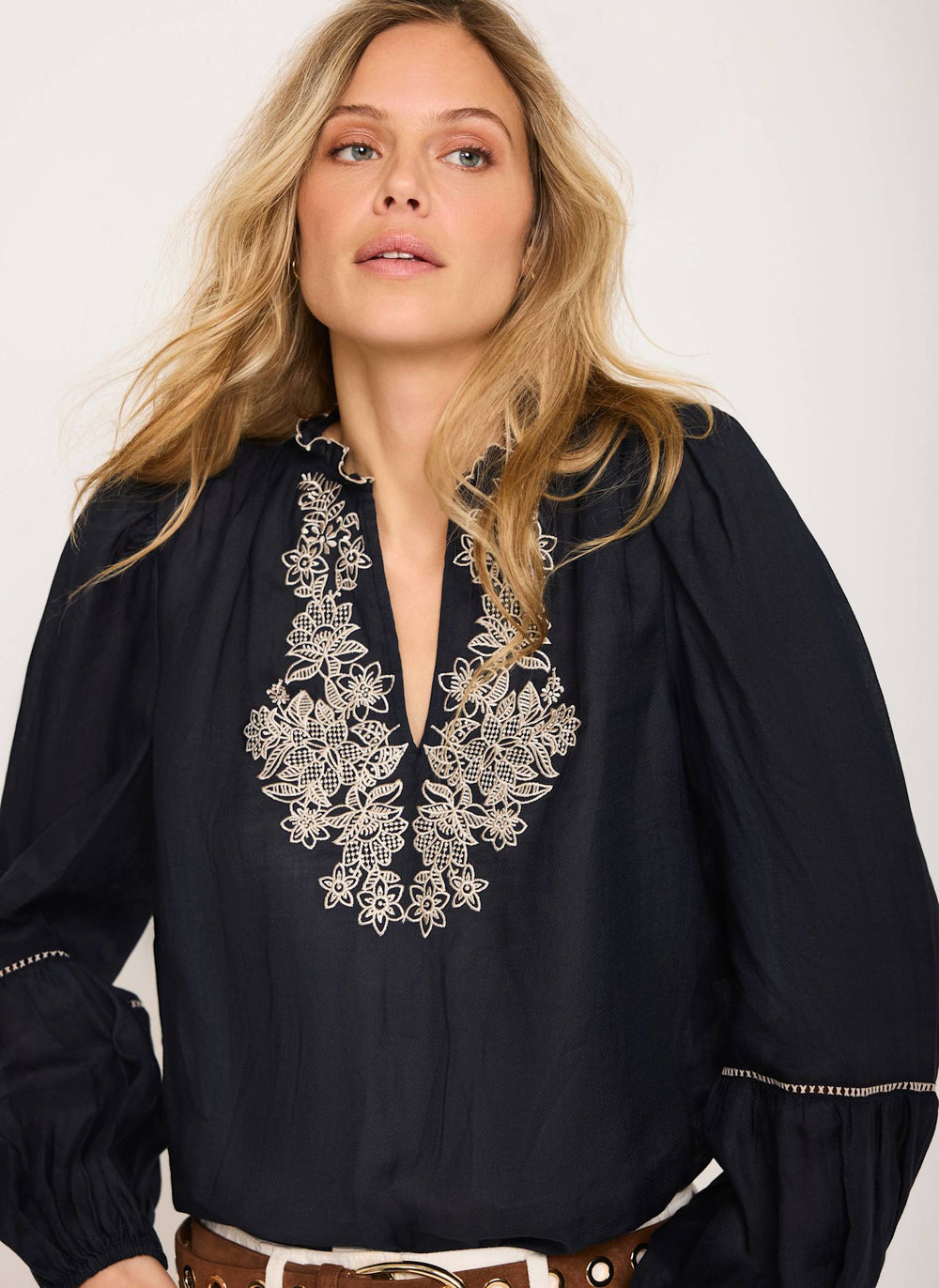 Navy Embroidered Detail Blouse