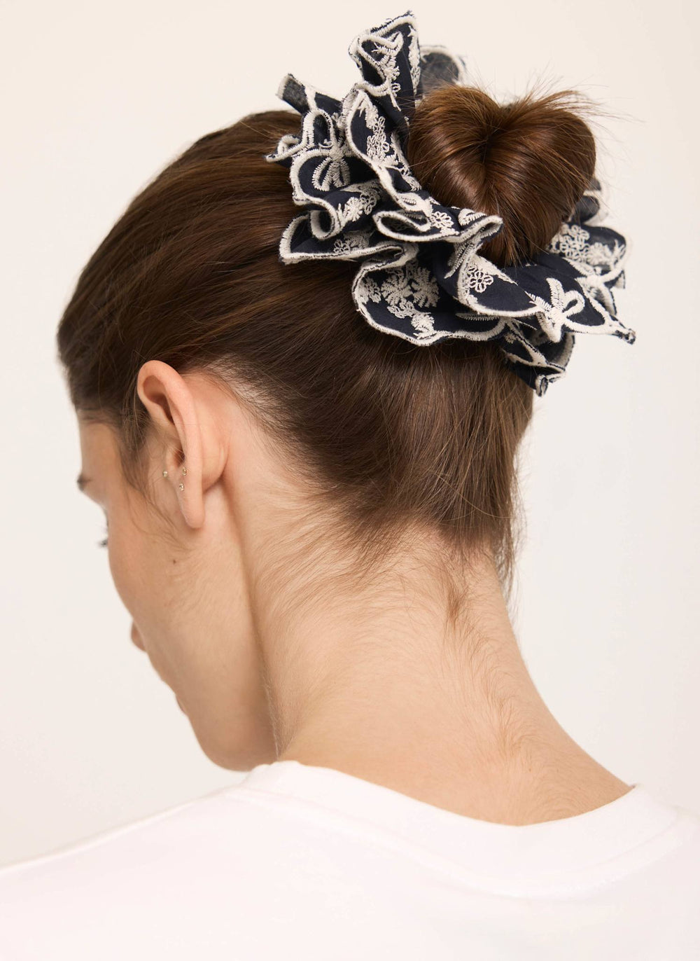 Navy Cotton Embroidered Scrunchie
