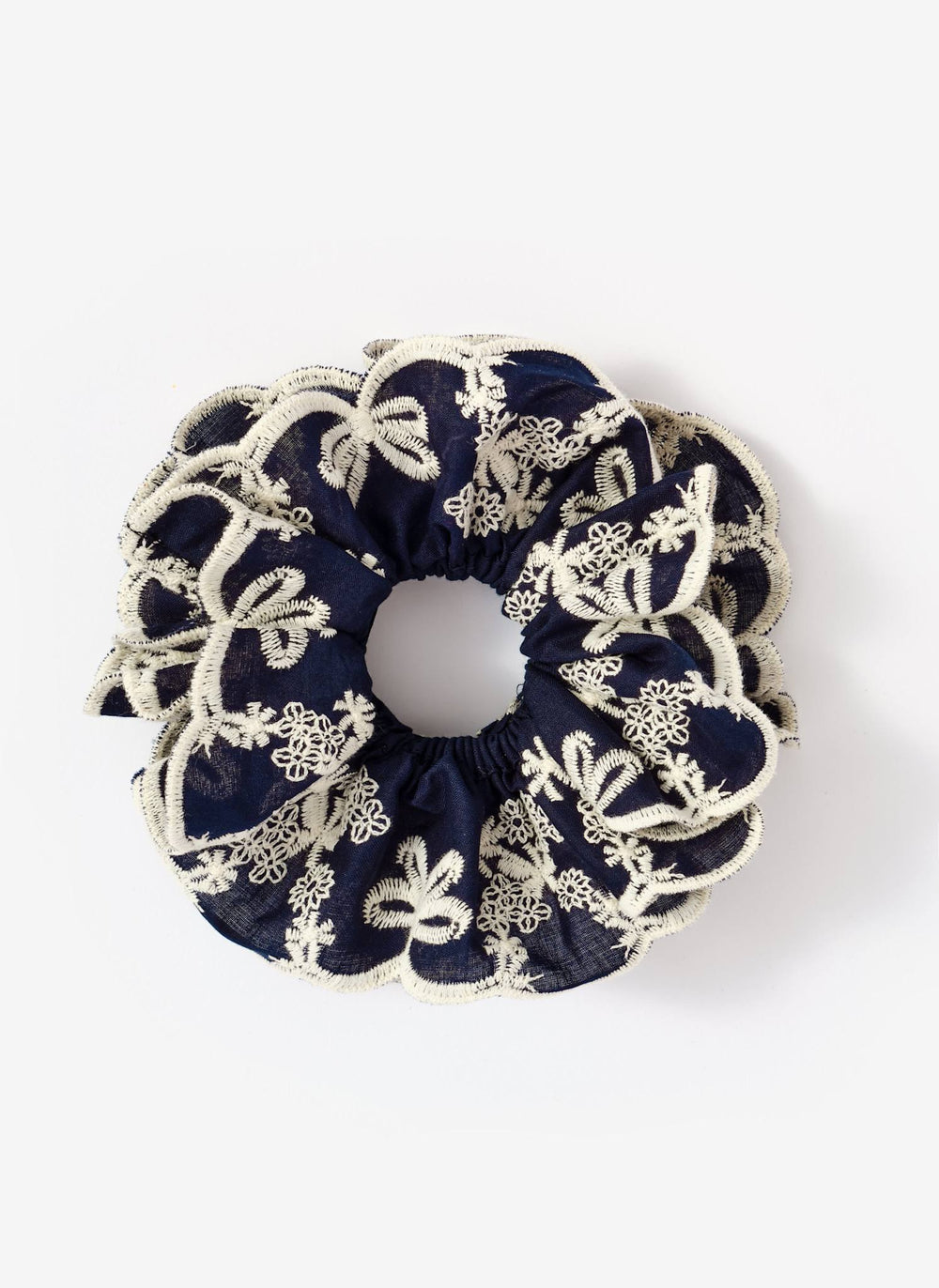 Navy Cotton Embroidered Scrunchie