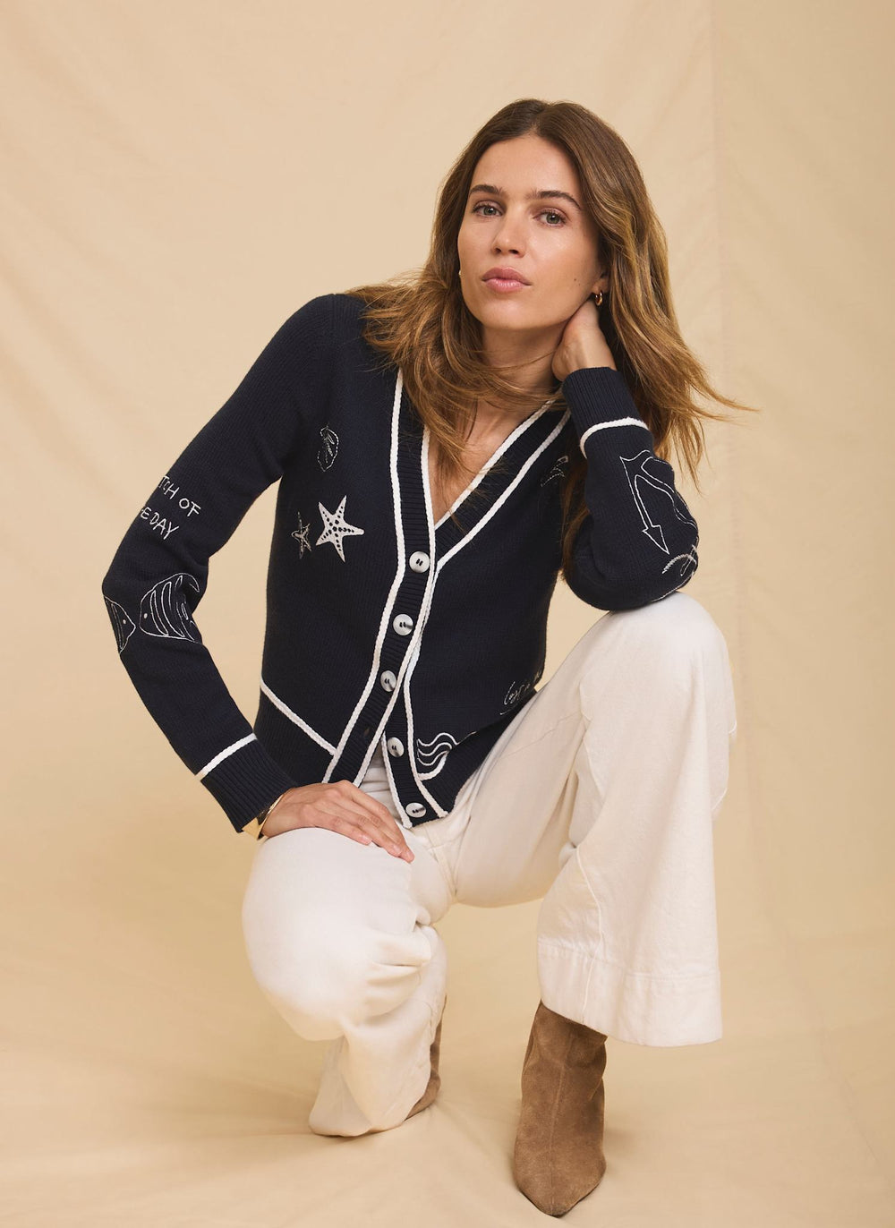 Navy Embroidered Marine Knit Cardigan