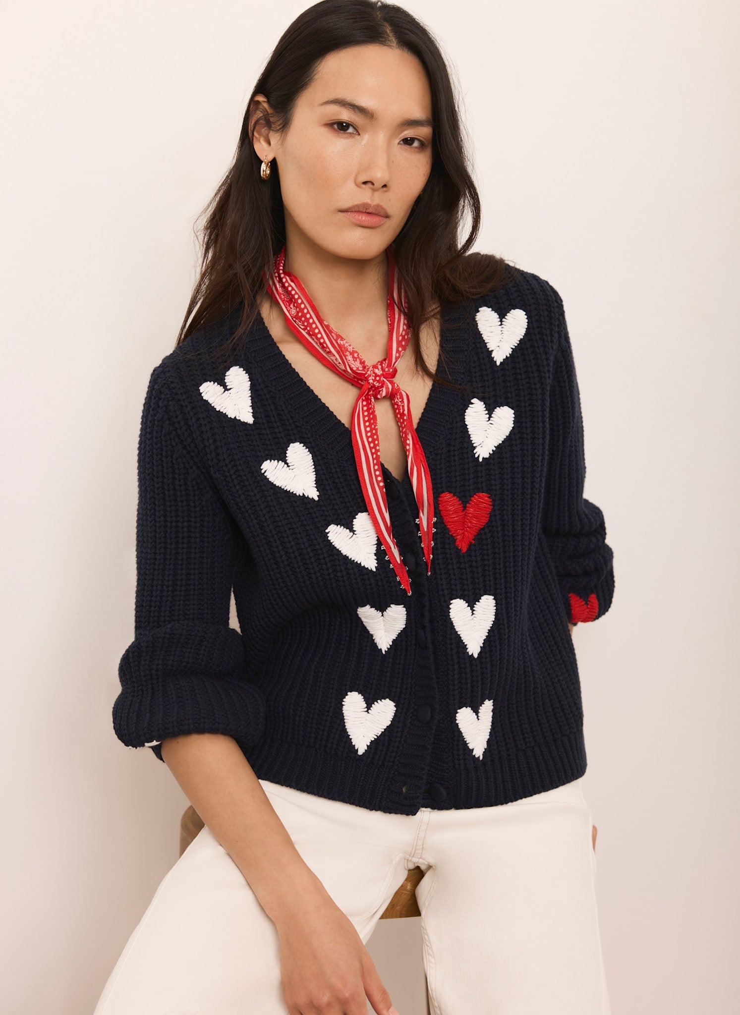 heart logo button cardigan｜theVirgins Navy Heart Embroidered Cardigan – Mint Velvet