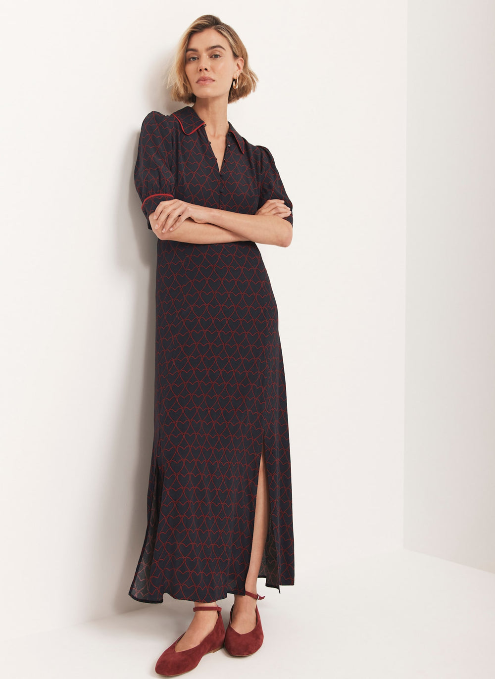 Navy Heart Print Midi Dress