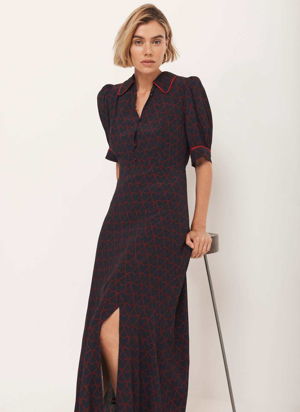 Navy Heart Print Midi Dress
