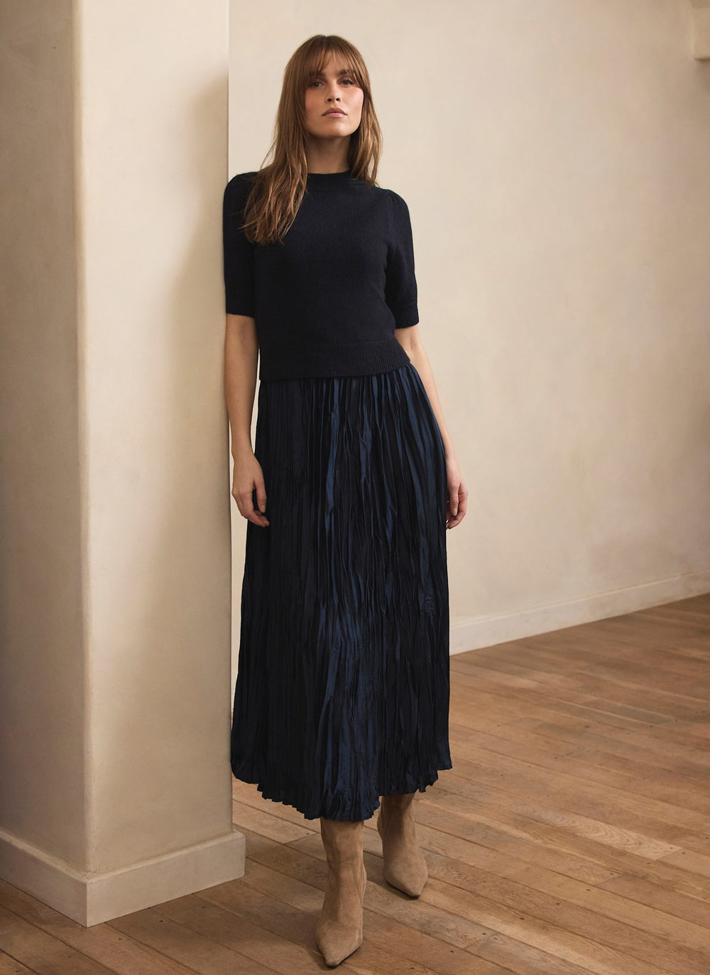 Navy Knit Puff Sleeve Maxi Dress