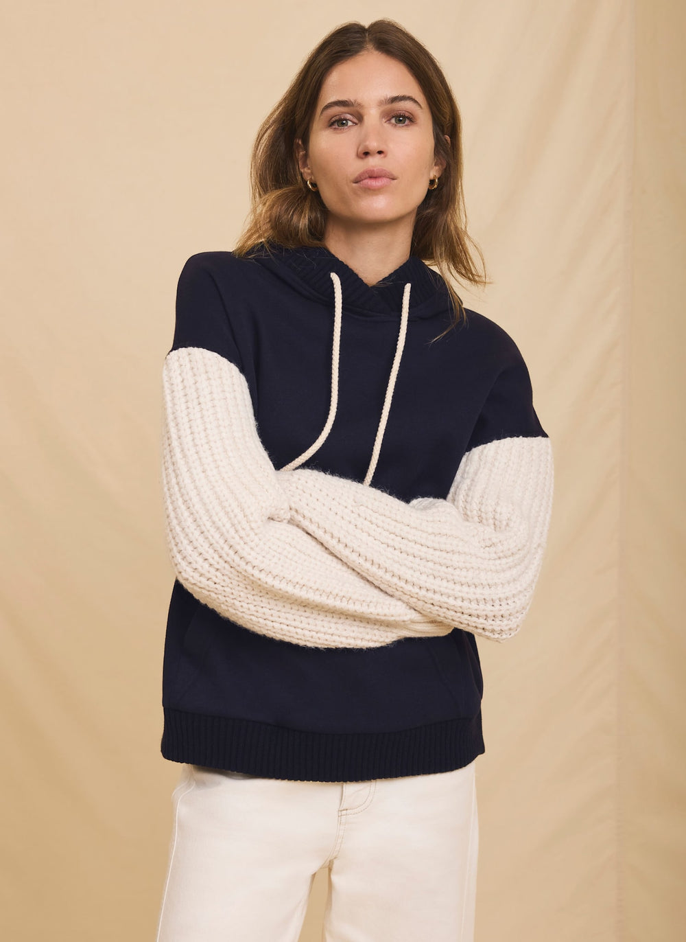 Navy Cotton Blend Contrast Sleeve Hoodie