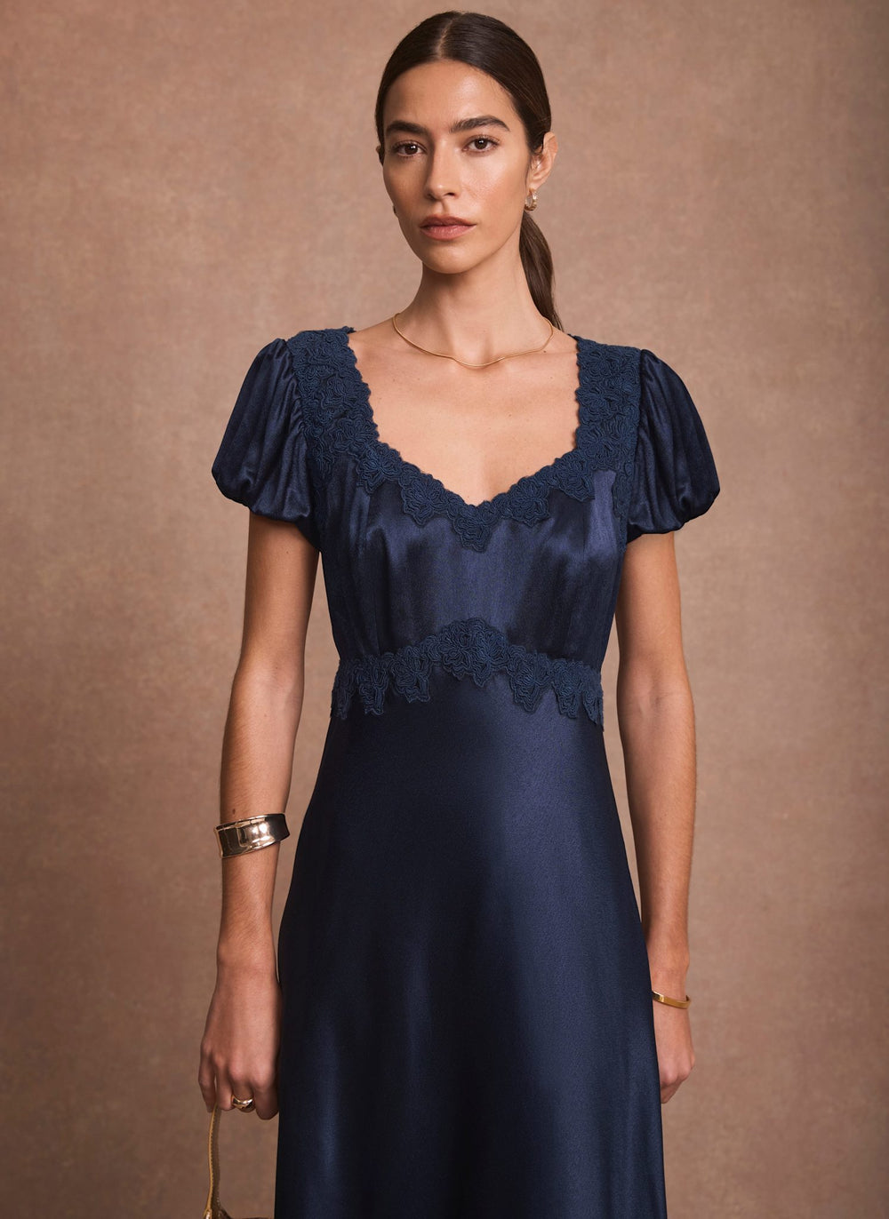 Navy Lace Detail Satin Midi Dress