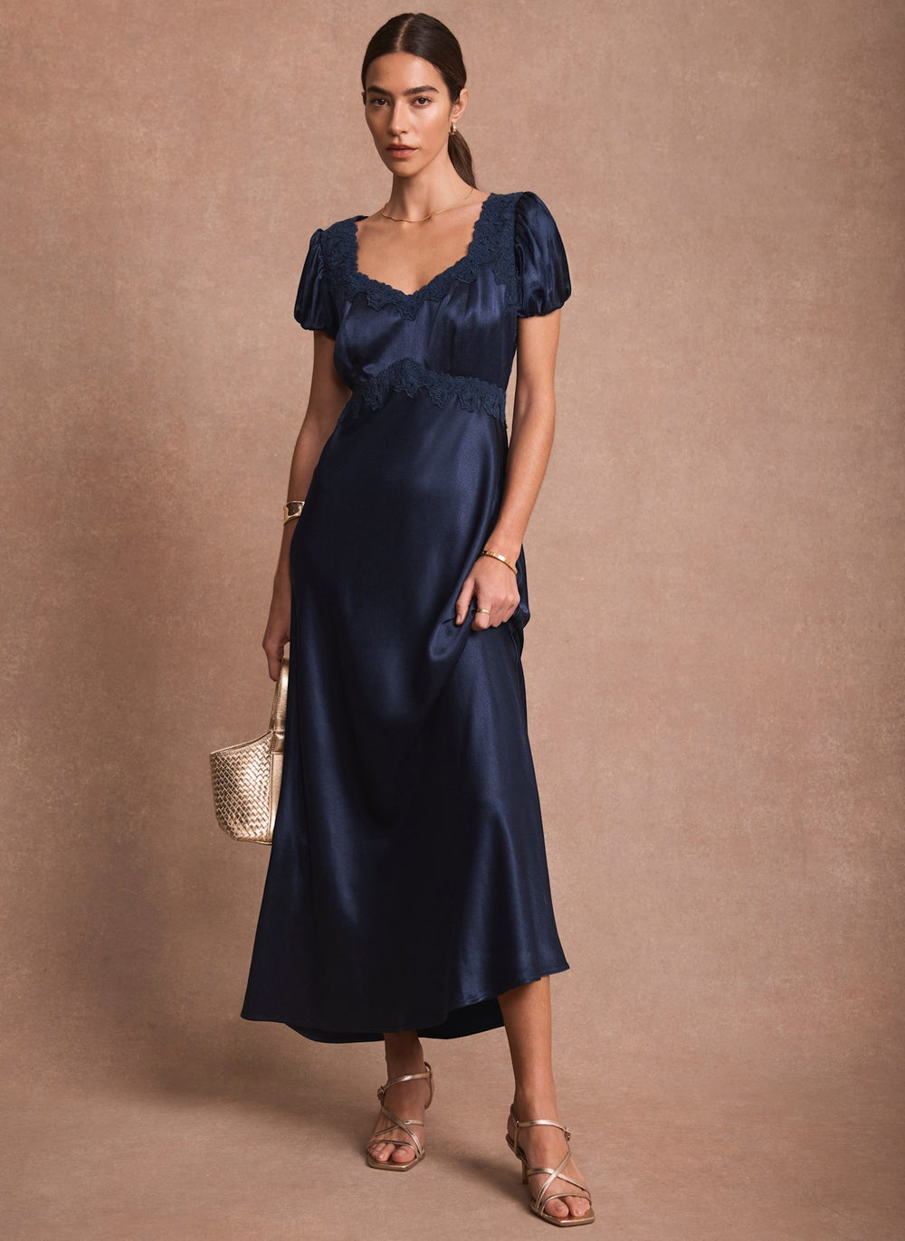 Navy Lace Detail Satin Midi Dress