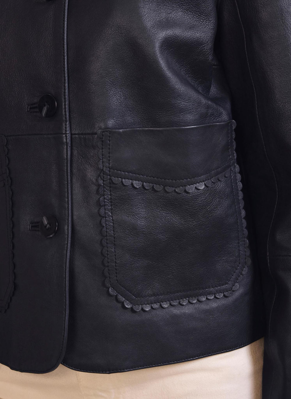 Navy Leather Scallop Detail Jacket