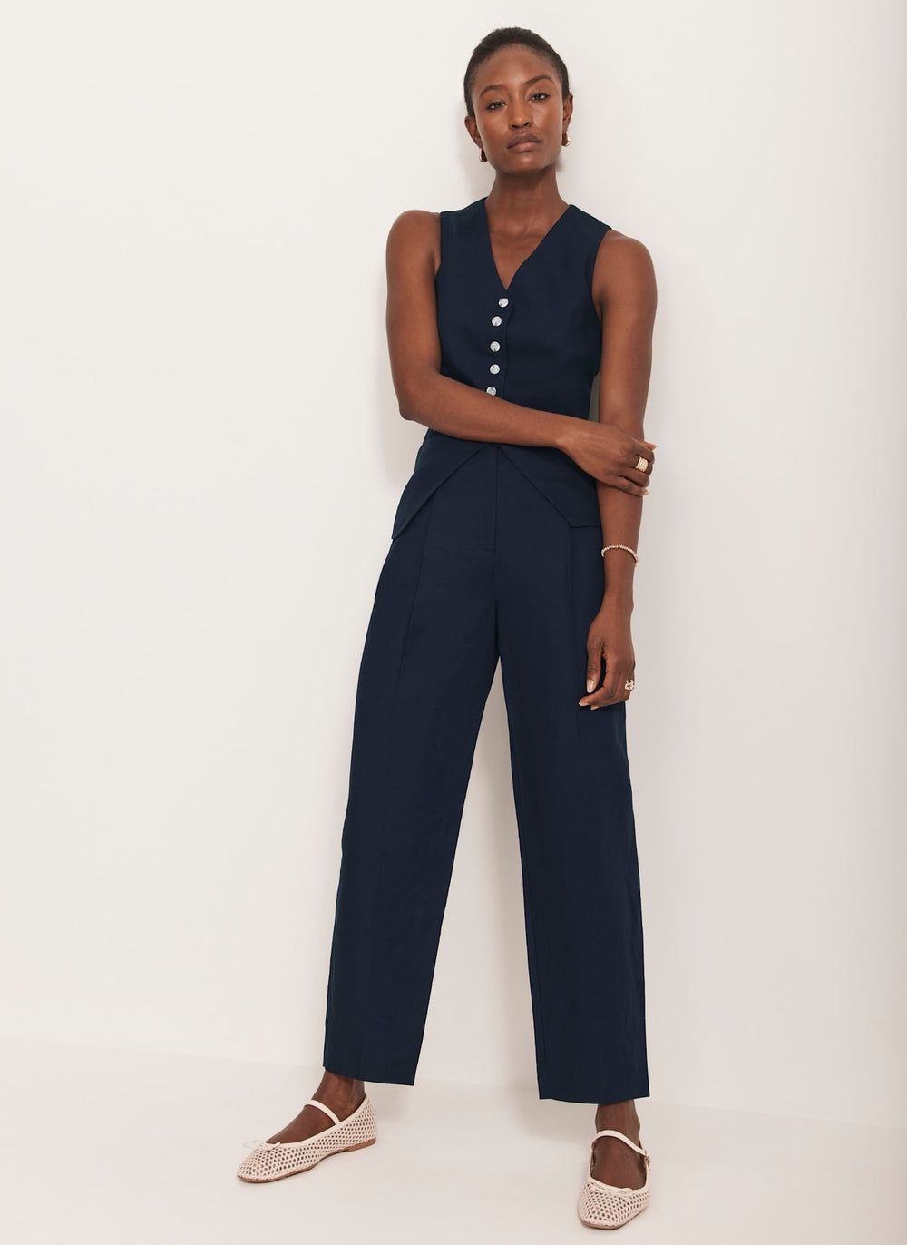 Navy Linen Blend Barrel Trousers