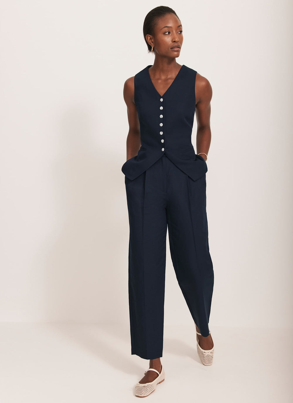 Navy Linen Blend Barrel Trousers
