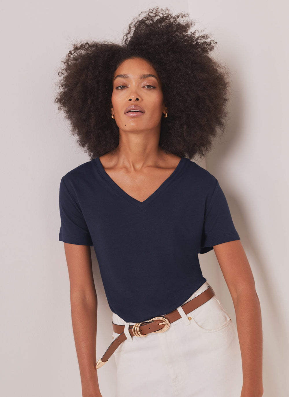 Navy Linen Blend V-Neck T-Shirt