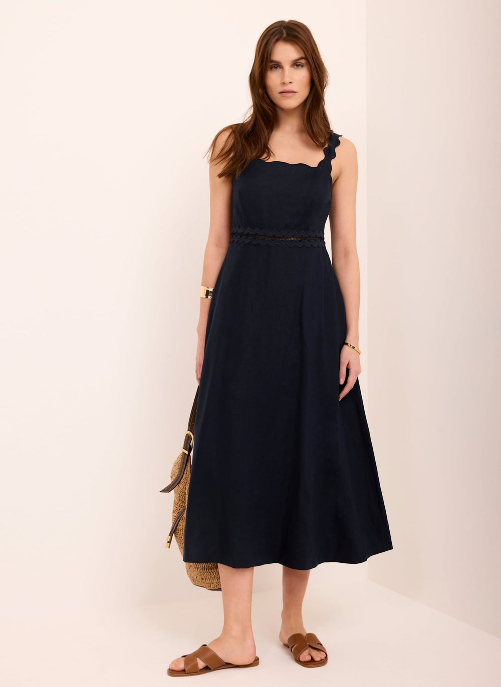 Navy Linen Scallop Trim Midi Dress