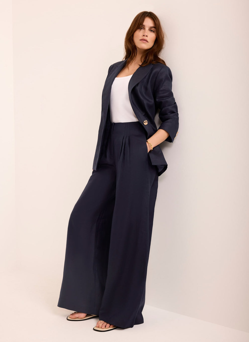 Navy Ramie Wide Leg Trousers