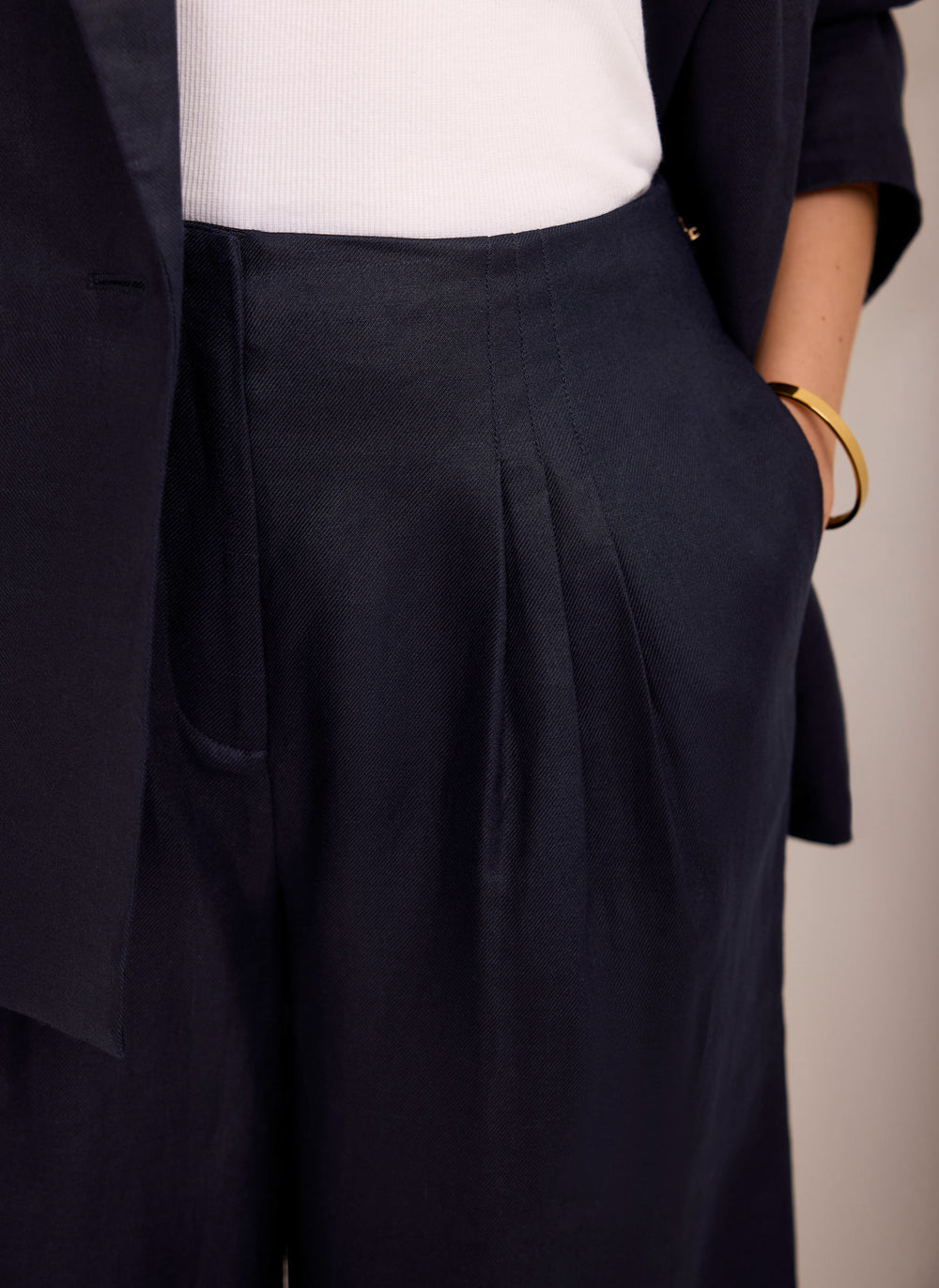 Navy Ramie Wide Leg Trousers
