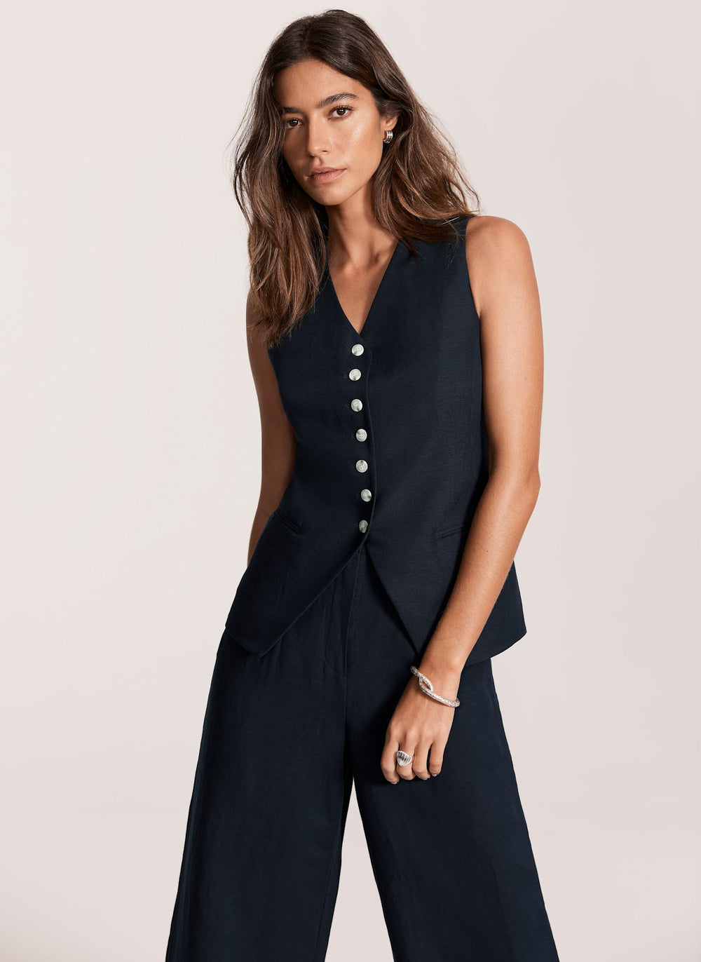 Navy Longline Linen Blend Waistcoat