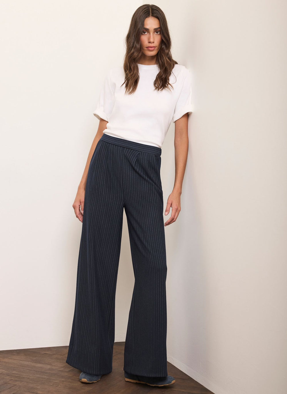 Navy Pinstripe Wide Trousers