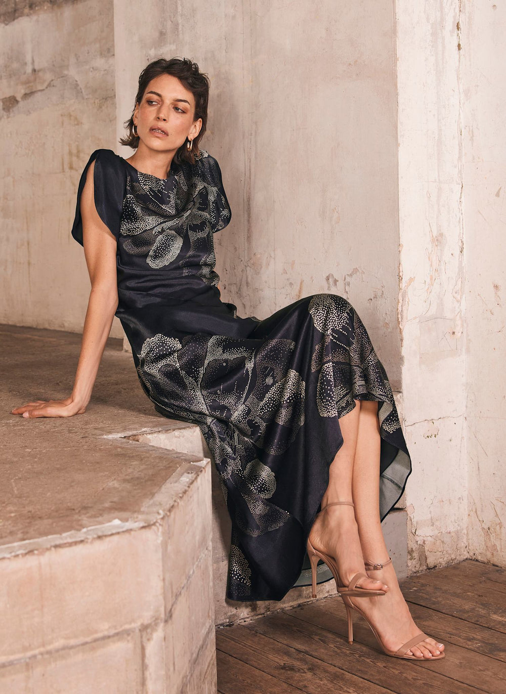 Navy Floral Print Satin Midi Dress