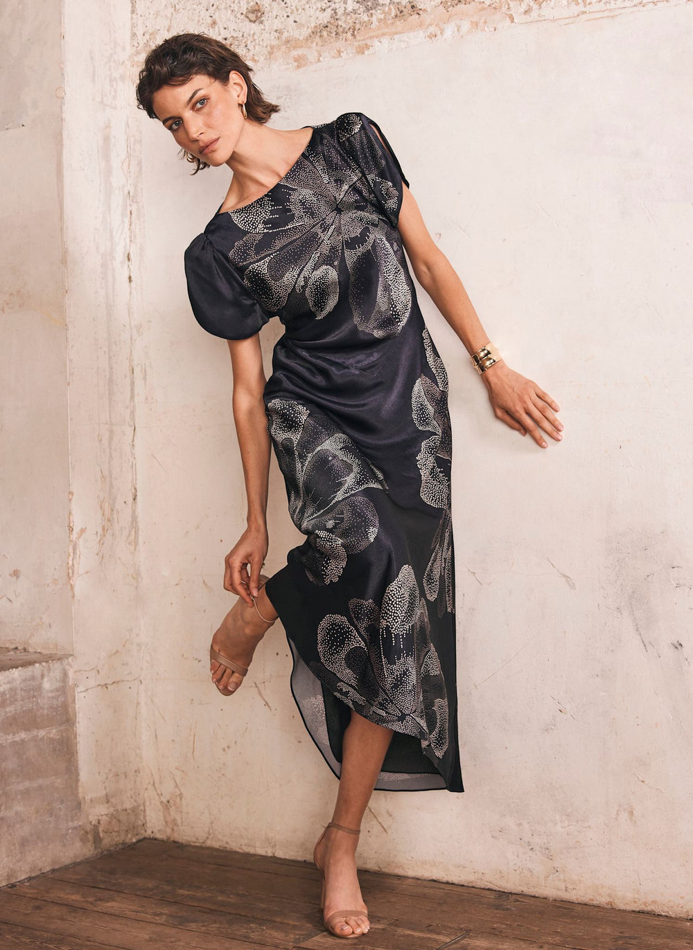 Navy Floral Print Satin Midi Dress