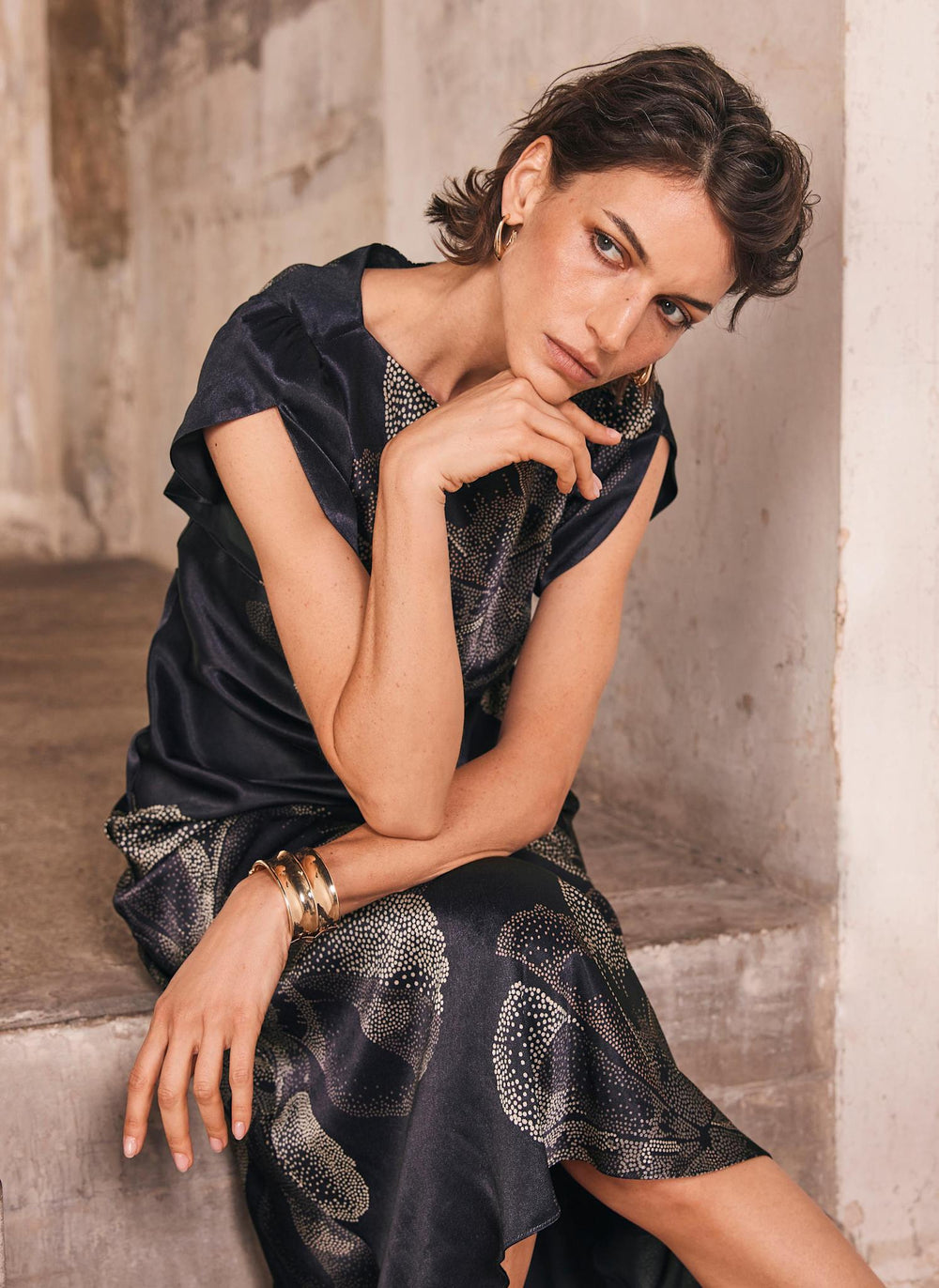 Navy Floral Print Satin Midi Dress