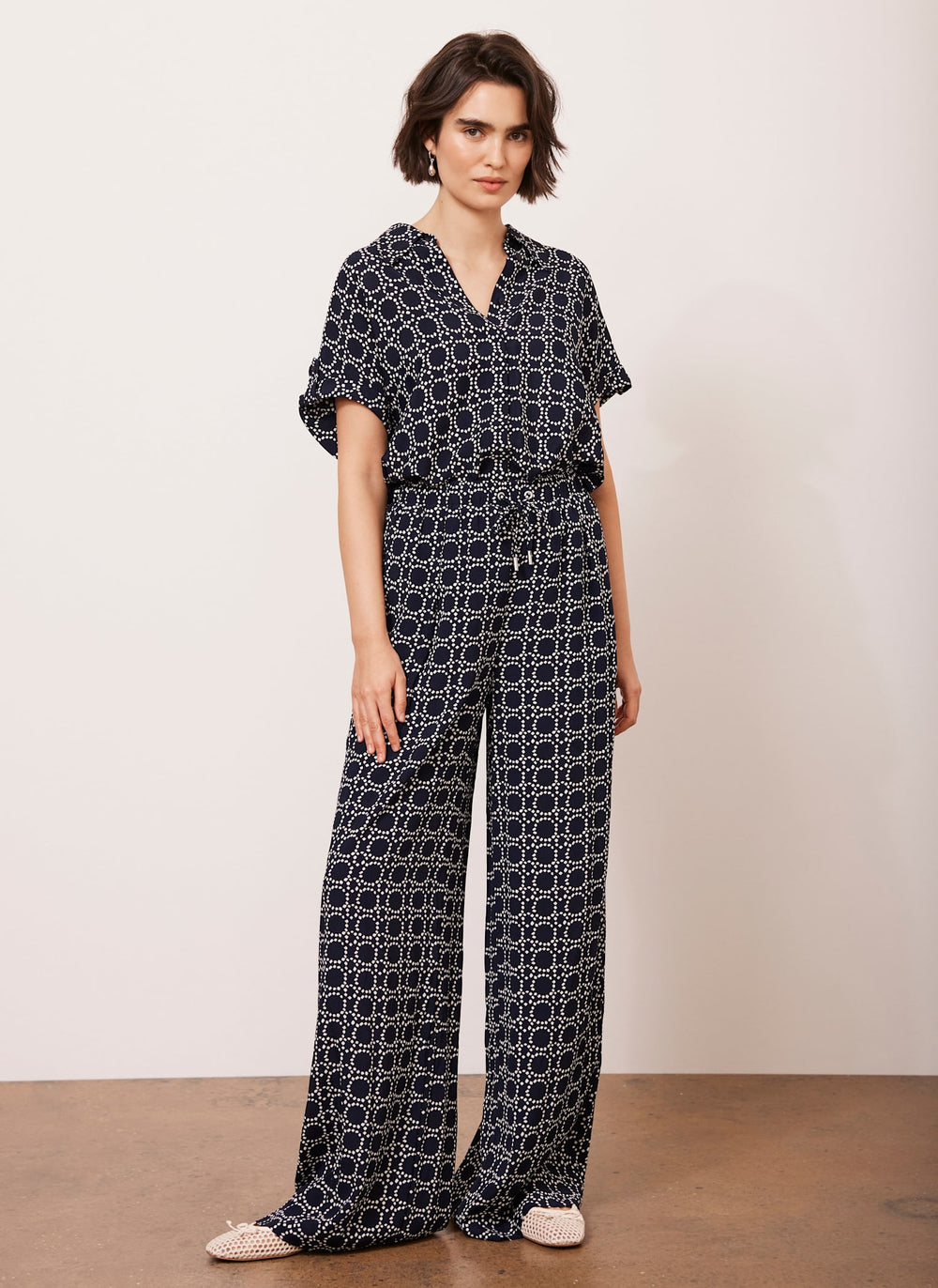 Navy Geometric Printed Wide Leg Trousers