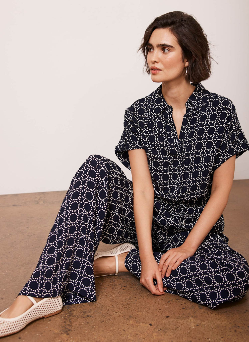 Navy Geometric Printed Wide Leg Trousers