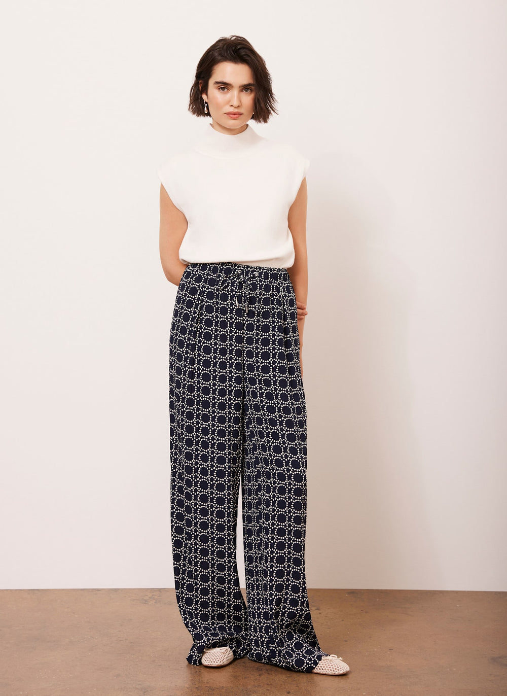 Navy Geometric Printed Wide Leg Trousers