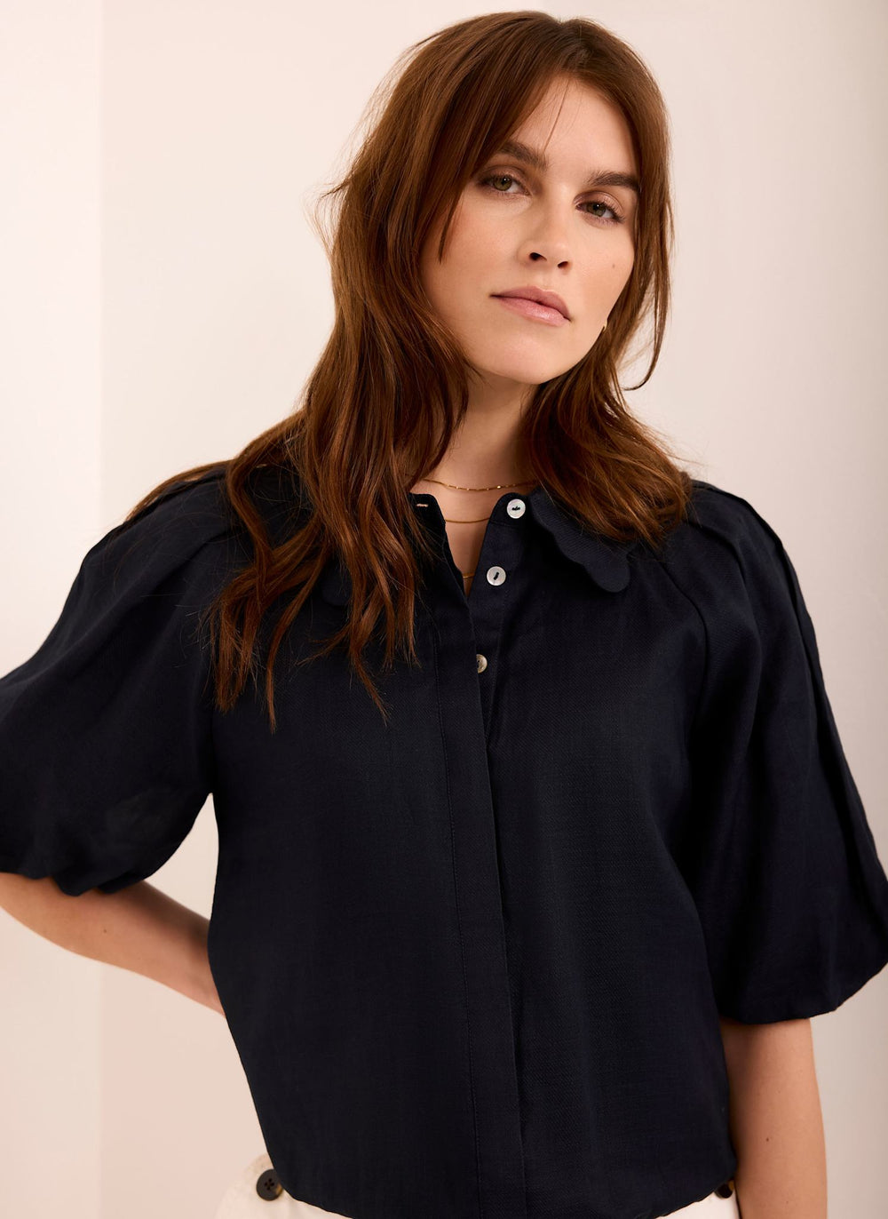 Navy Ramie Scallop Puff Sleeve Shirt