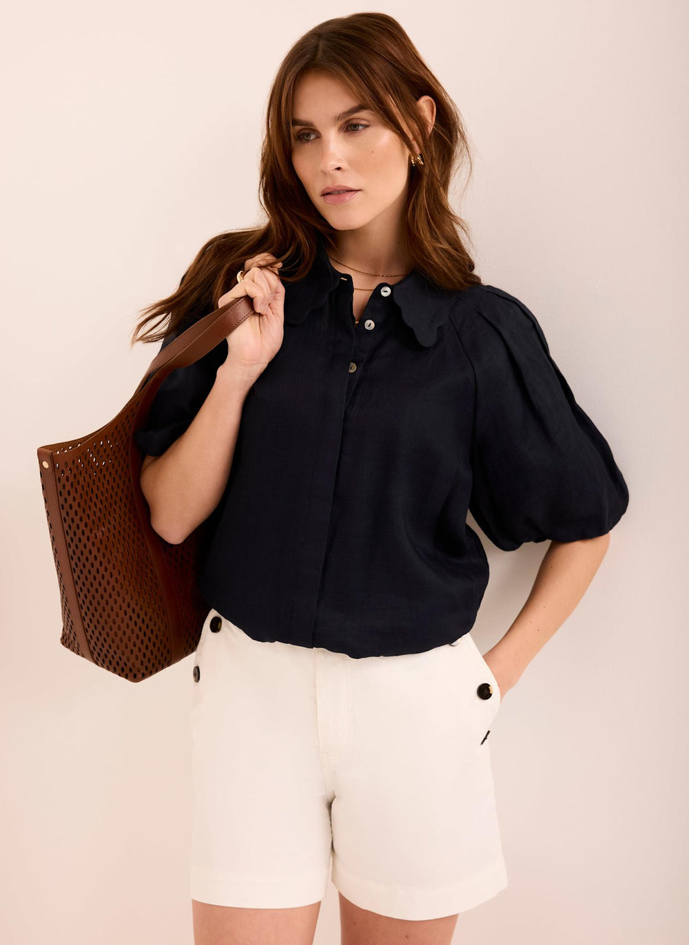 Navy Ramie Scallop Puff Sleeve Shirt