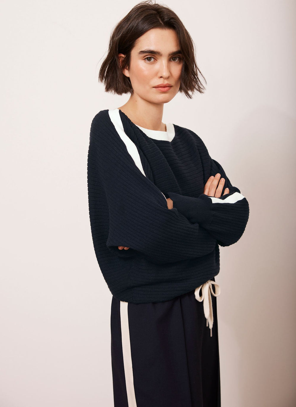 Navy Cotton Blend Ribbed Batwing Jumper